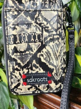 Sakroots Black & Cream Coated Canvas Wristlet with Detachable Strap